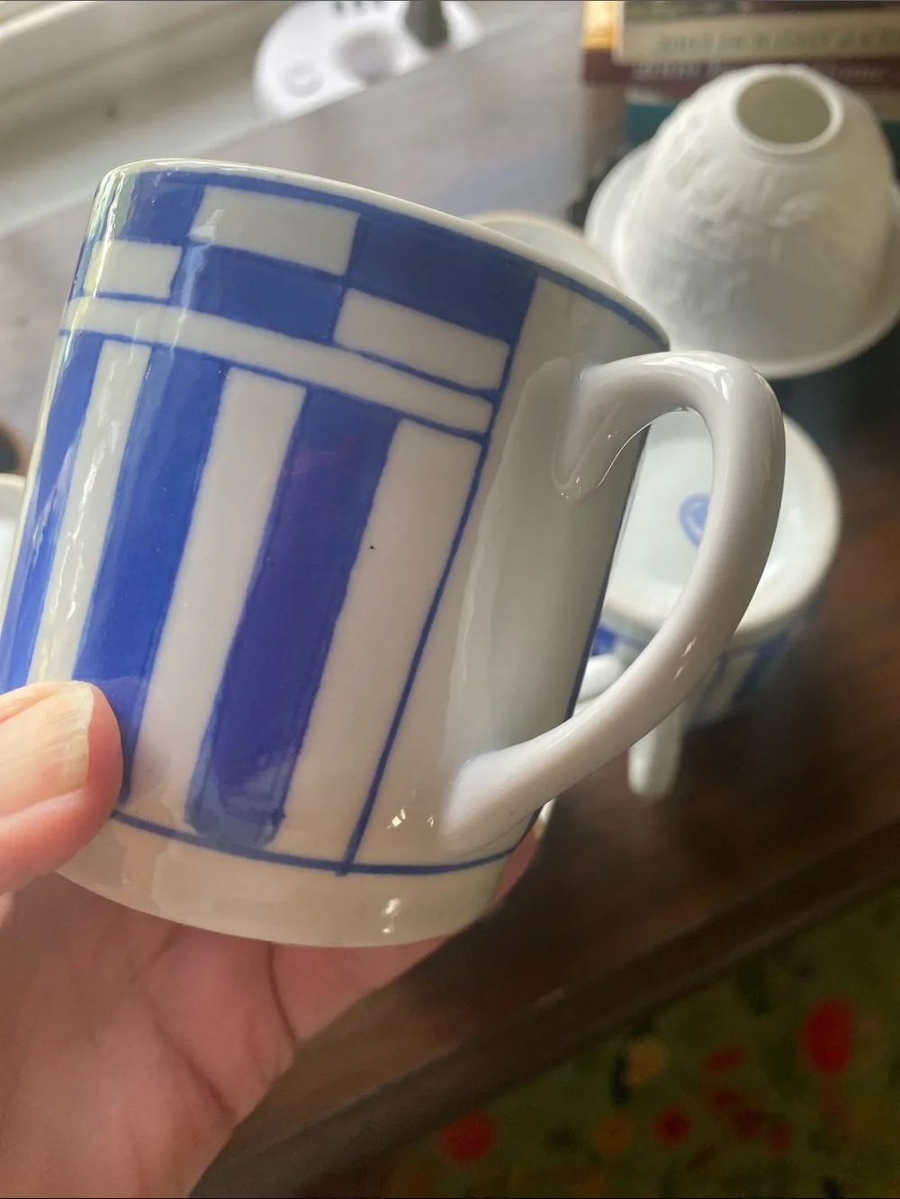 Set of 6 vintage IDG Williams Sonoma Blue and White Striped Ceramic Mugs